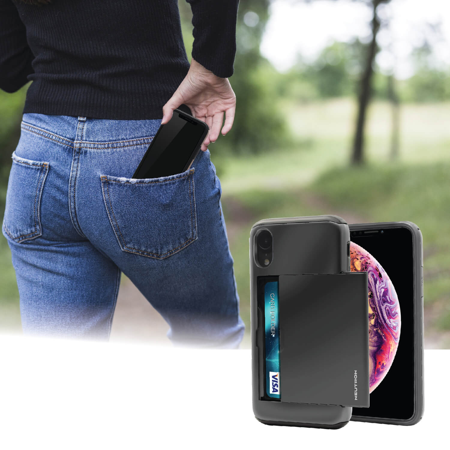 Neutron iPhone XR Shockproof Case with Card Holder - Protective Credit Card Wallet Slot