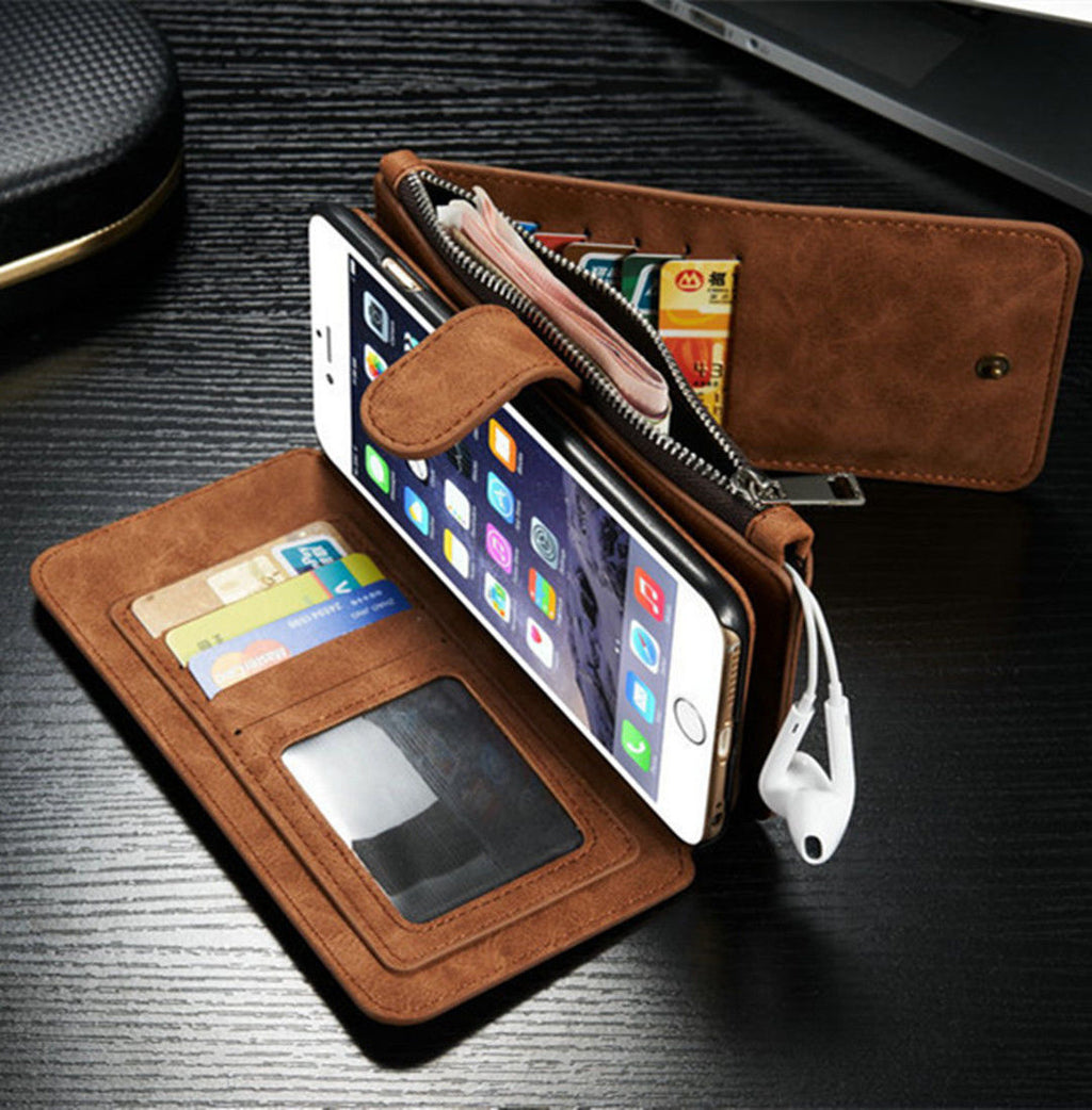 Leather Wallet Case with Zipper & Card Slot Holder