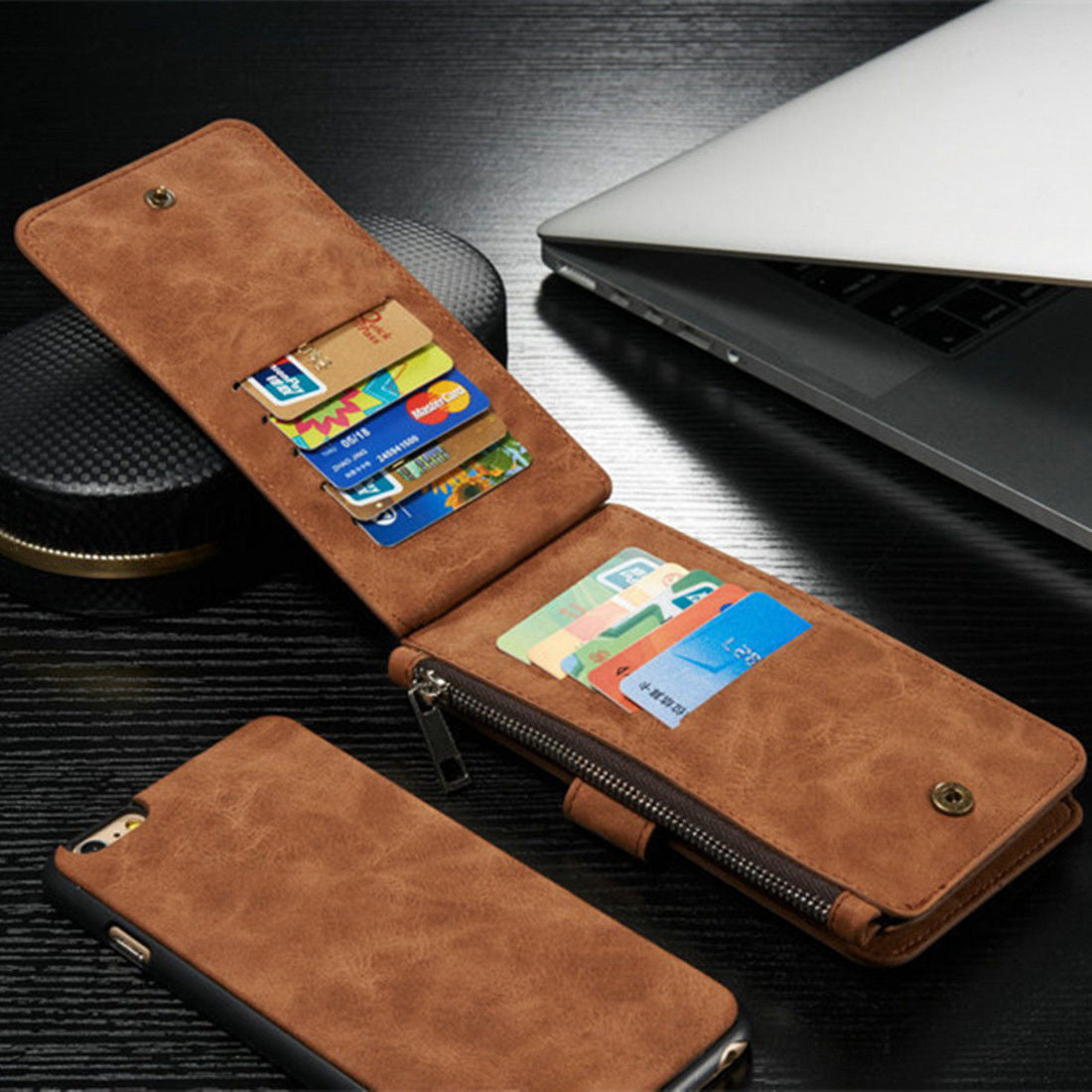 Leather Wallet Case with Zipper & Card Slot Holder