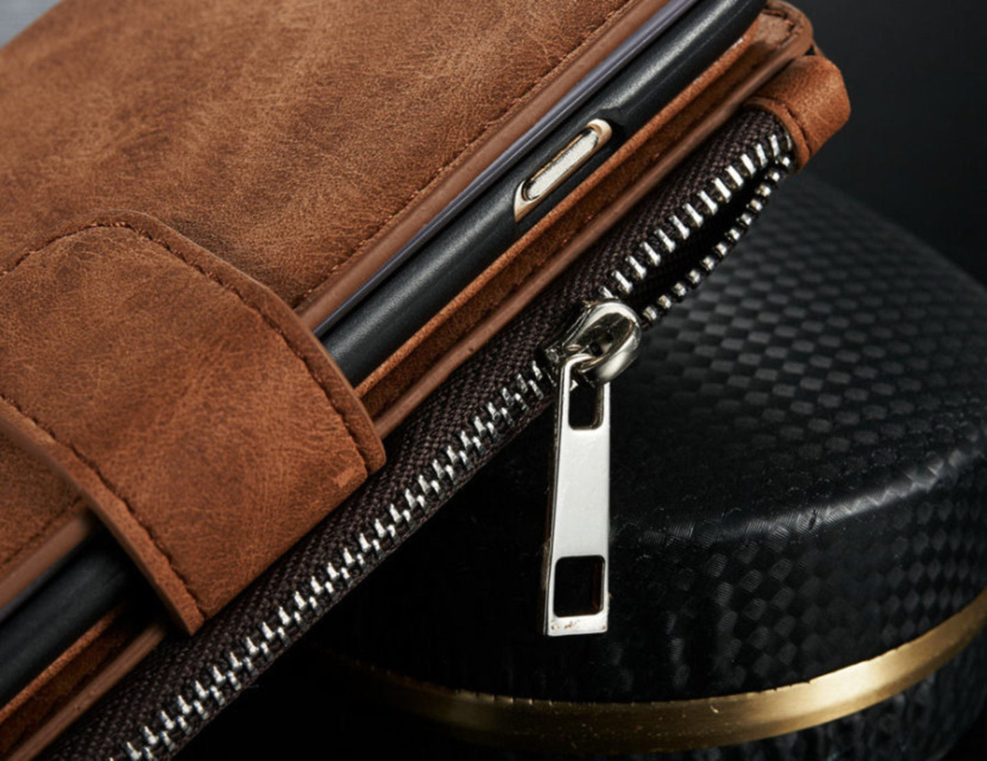 Leather Wallet Case with Zipper & Card Slot Holder
